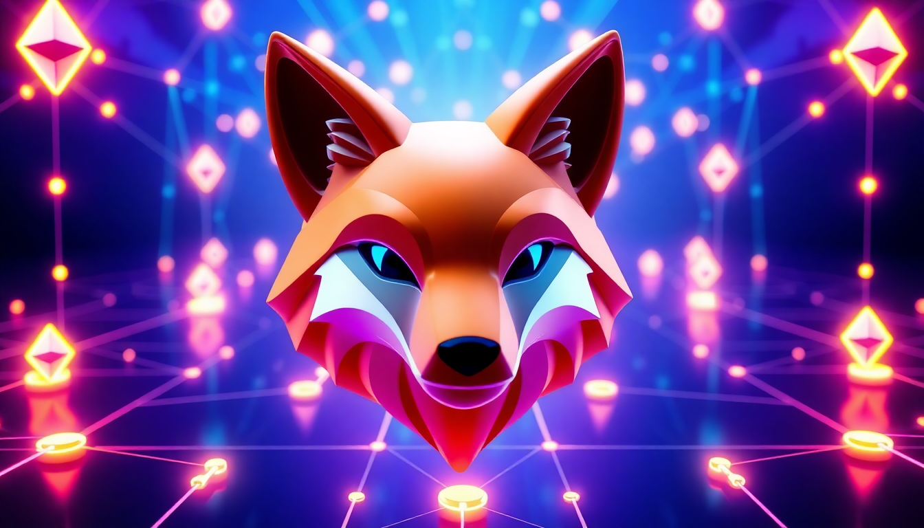A digital 3D orange fox head representing MetaMask logo, floating in a futuristi