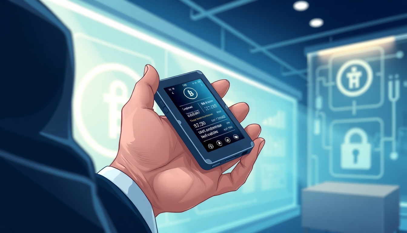 A person holding a Ledger Nano X device, showing the screen and the two buttons