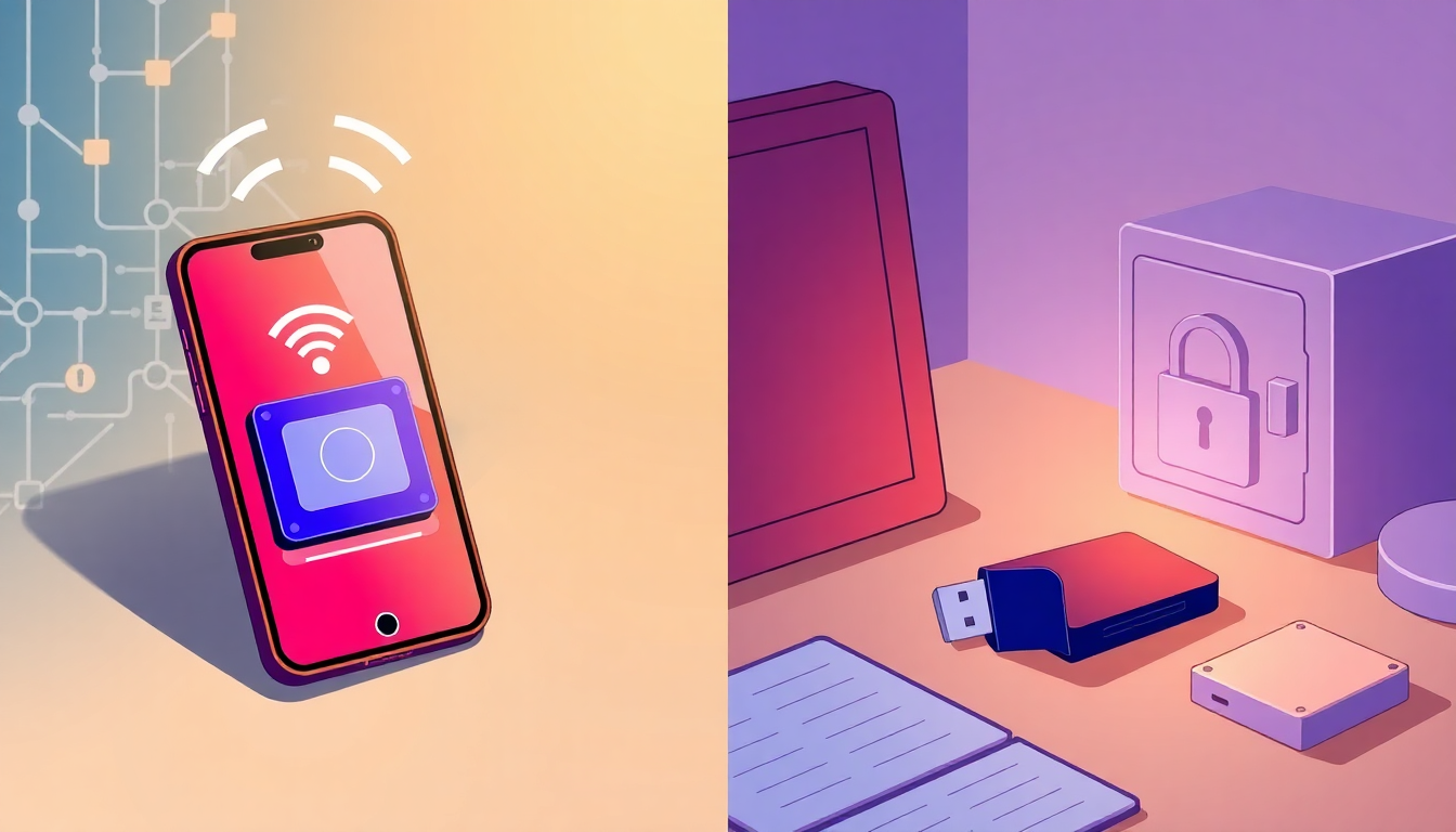 A visual comparison between a digital hot wallet on a smartphone connected to th