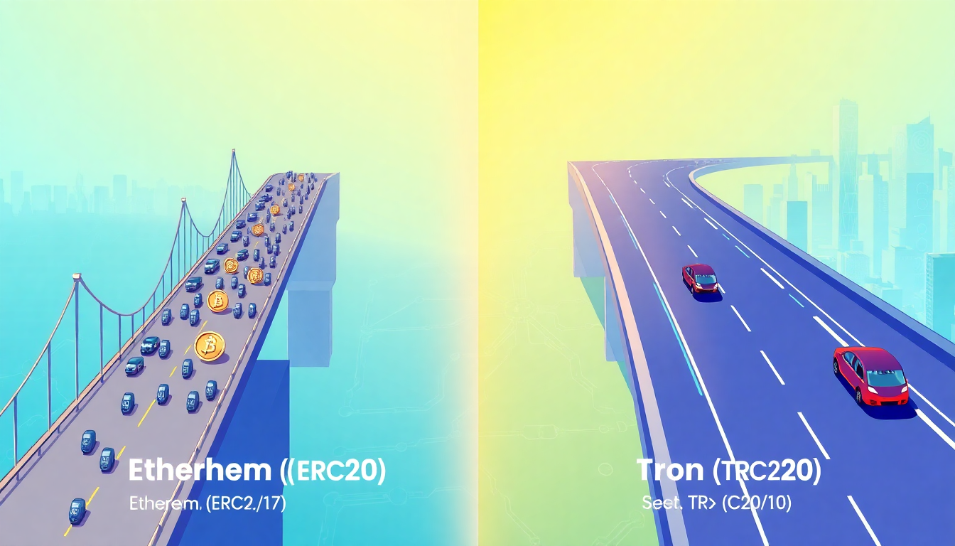 A visual comparison between Ethereum (ERC20) and Tron (TRC20) networks showing a