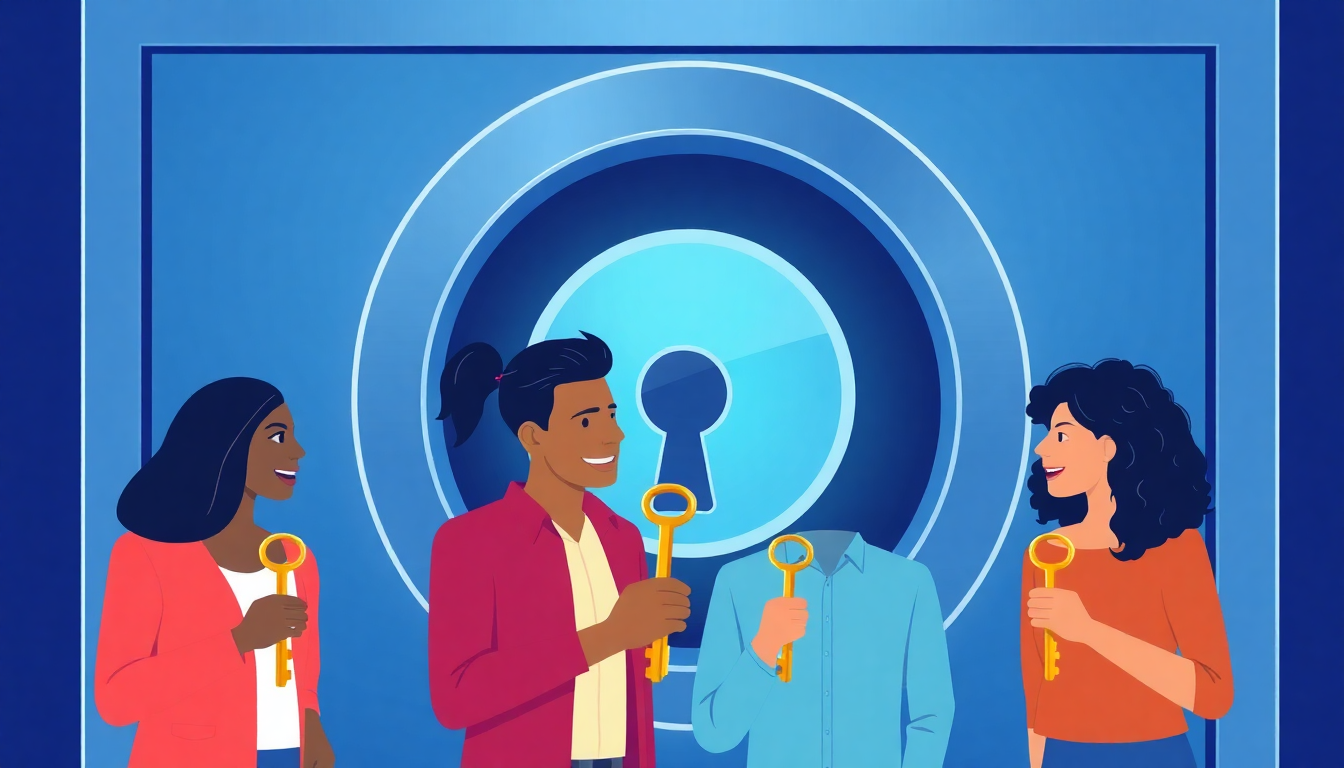A digital vault with three keyholes, and three different people holding unique p