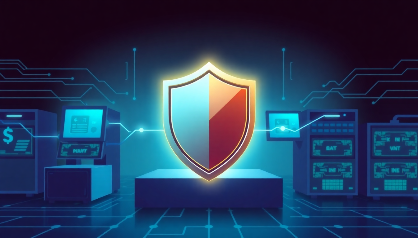 A digital shield protecting a chain of blocks, with miners represented as powerf