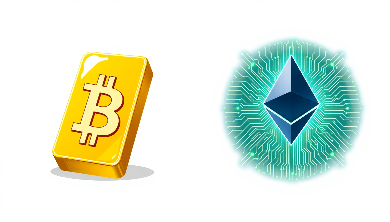 A visual comparison between a gold bar representing Bitcoin and a complex glowin