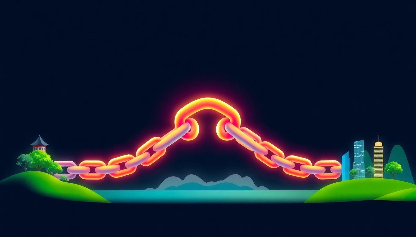A blockchain splitting into two distinct and separate paths, symbolizing a hard 