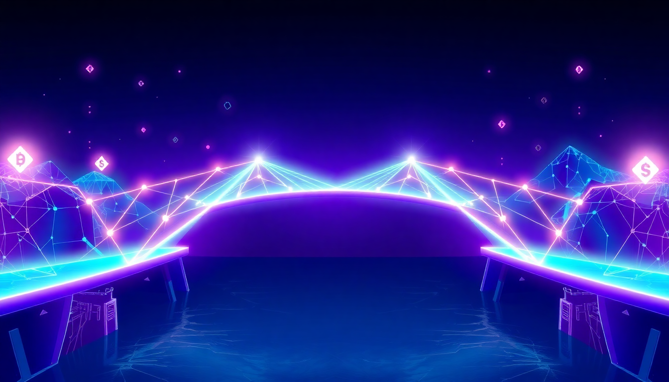 A digital bridge connecting two distinct blockchain networks, with glowing token
