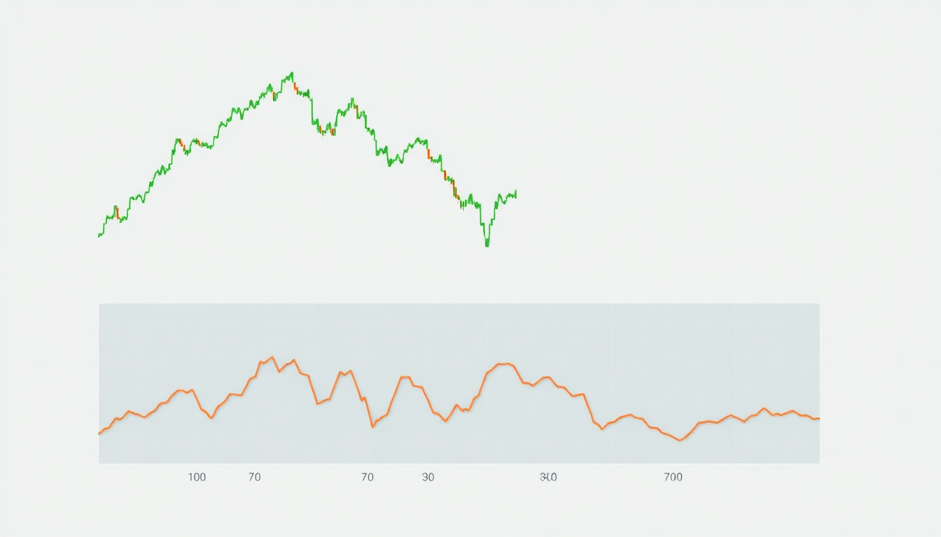 A financial stock chart showing the RSI indicator at the bottom with levels 70 a