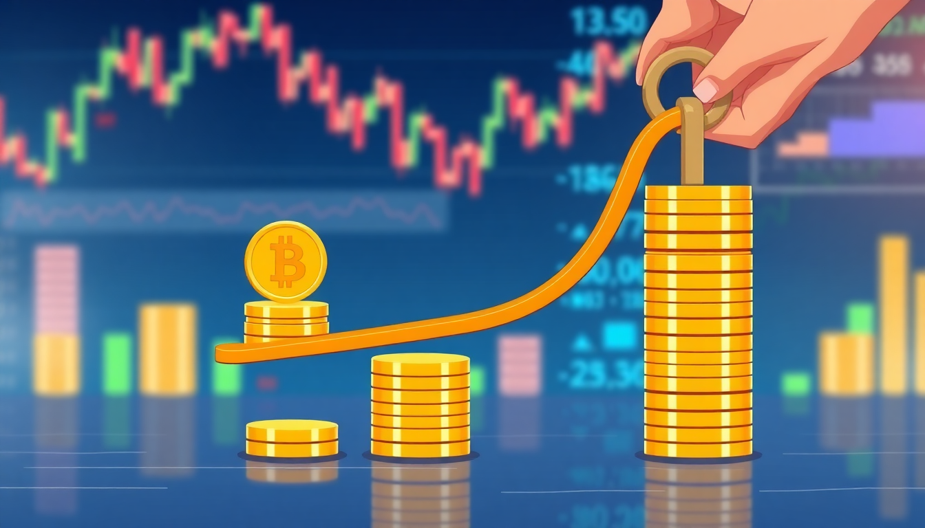 A visual metaphor of leverage in trading: a small gold coin on one end of a leve