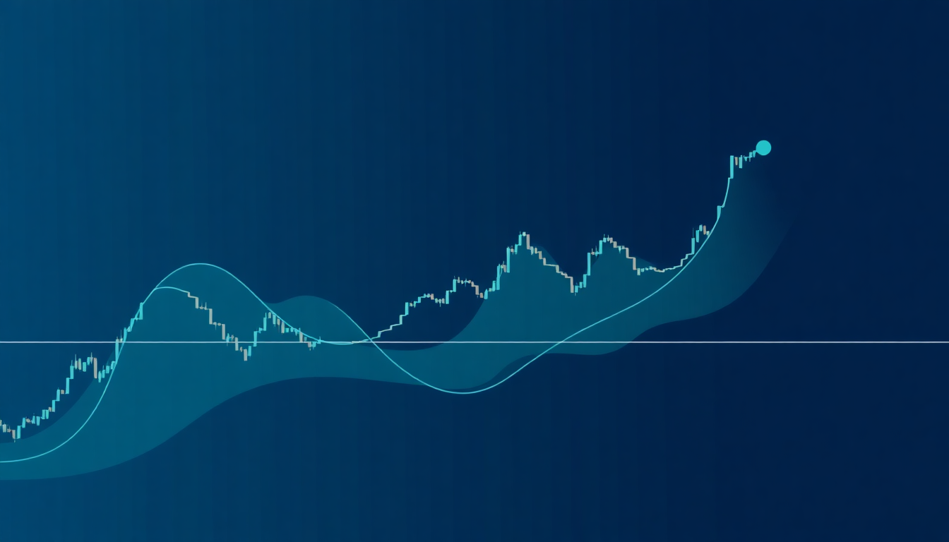A professional trading chart showing a cryptocurrency price moving in waves with