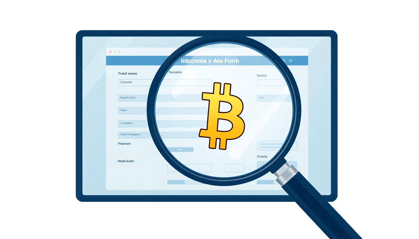 A digital representation of a Colombian tax form with a Bitcoin symbol and a mag