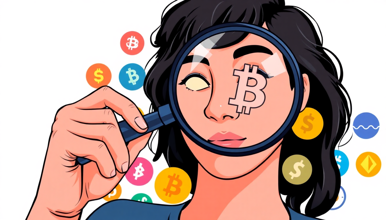 A person looking through a magnifying glass at various cryptocurrency logos, sym
