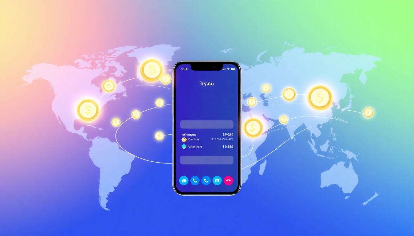 A digital illustration showing a smartphone with a crypto wallet app sending dig