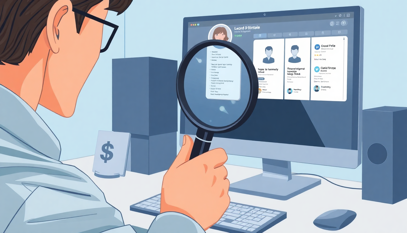 A person using a magnifying glass to inspect digital profiles and social media a