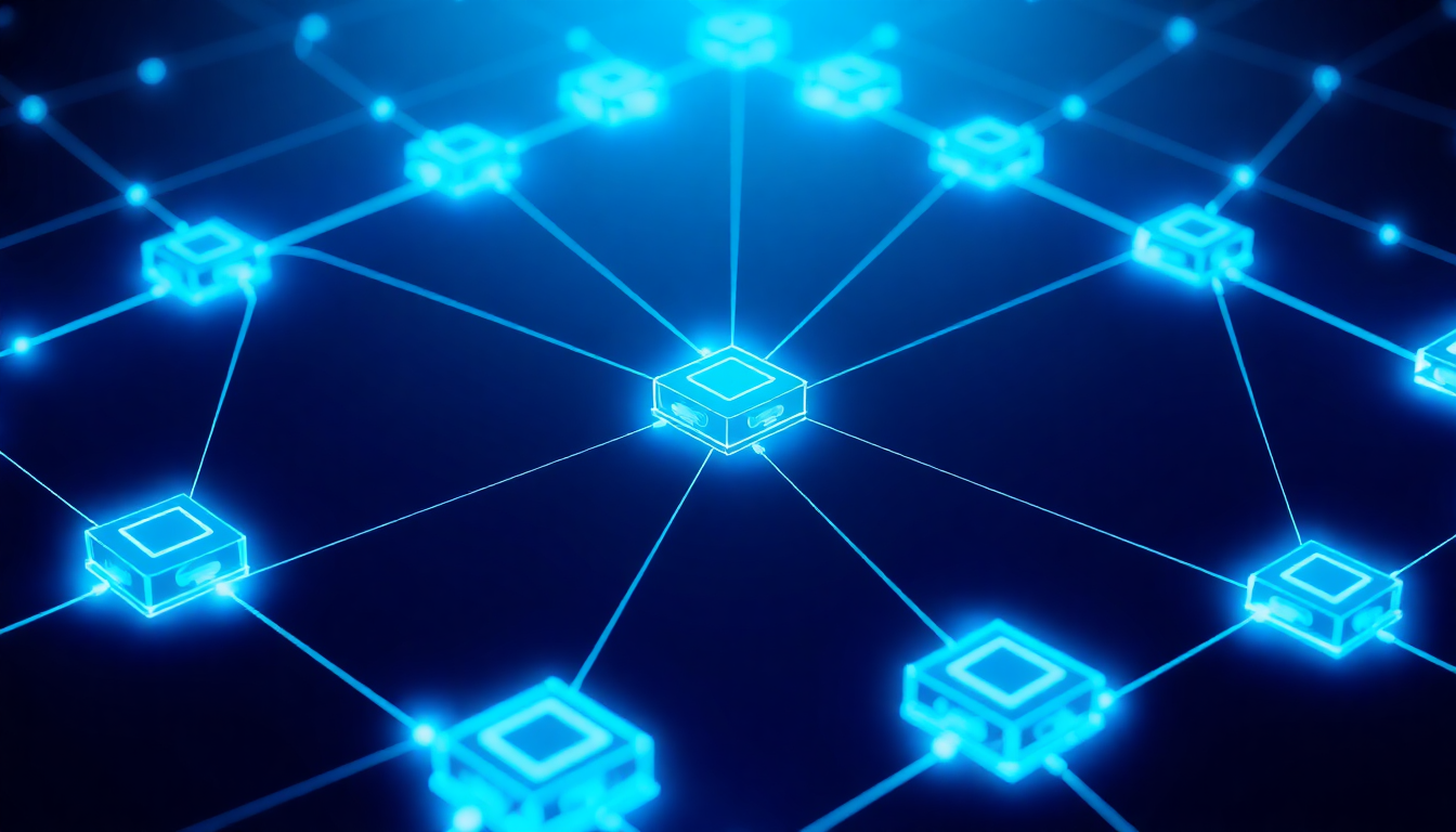 A futuristic digital representation of a blockchain network with glowing nodes a