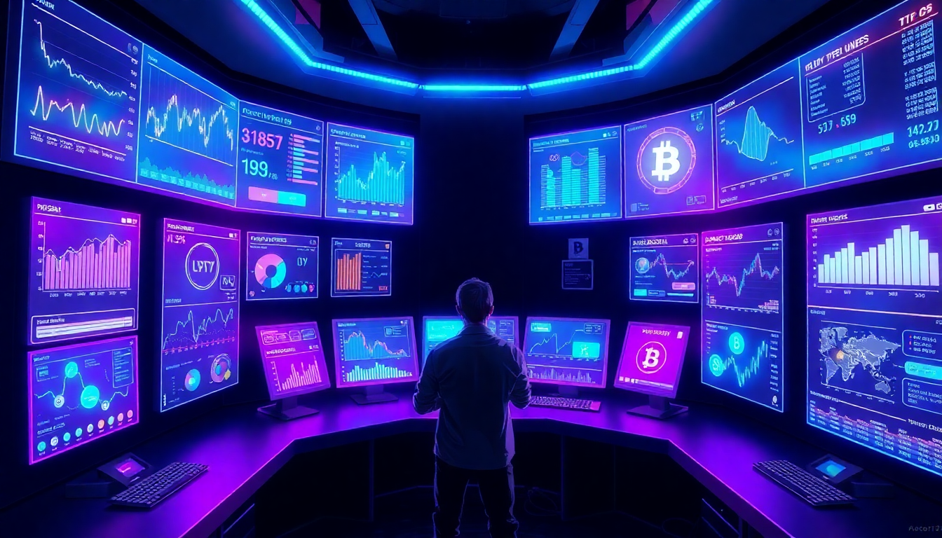 A futuristic digital dashboard showing real-time cryptocurrency charts, glowing 
