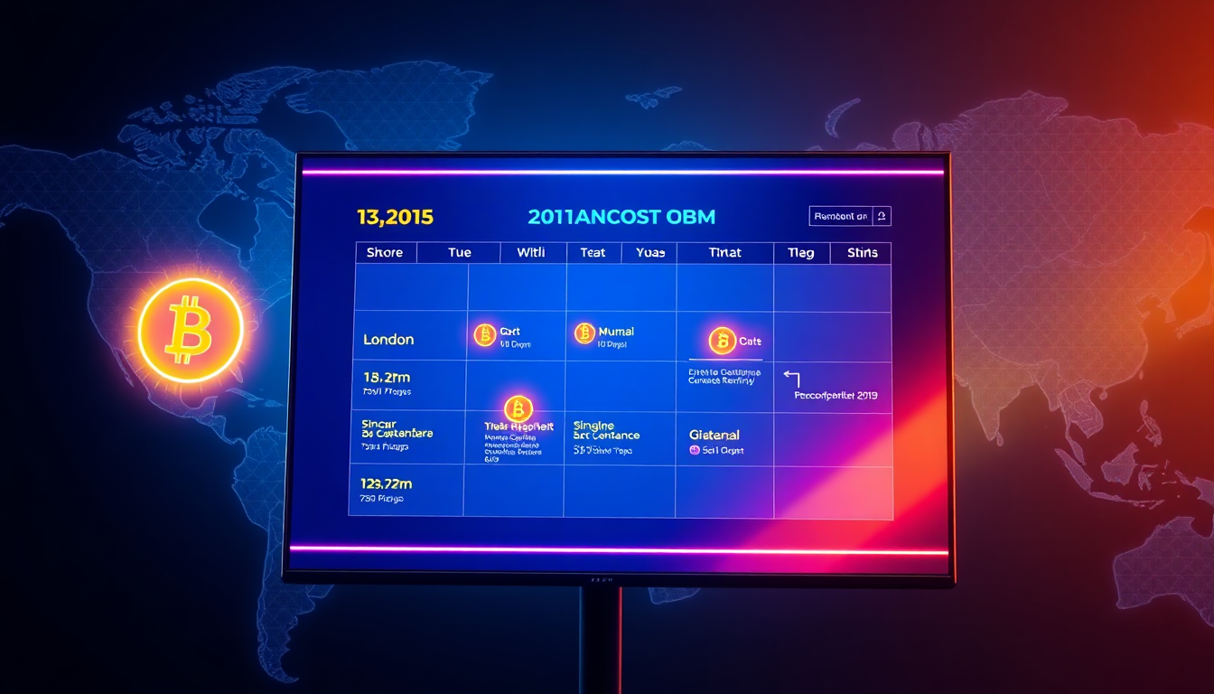 A futuristic digital calendar showing global crypto conference locations like Lo