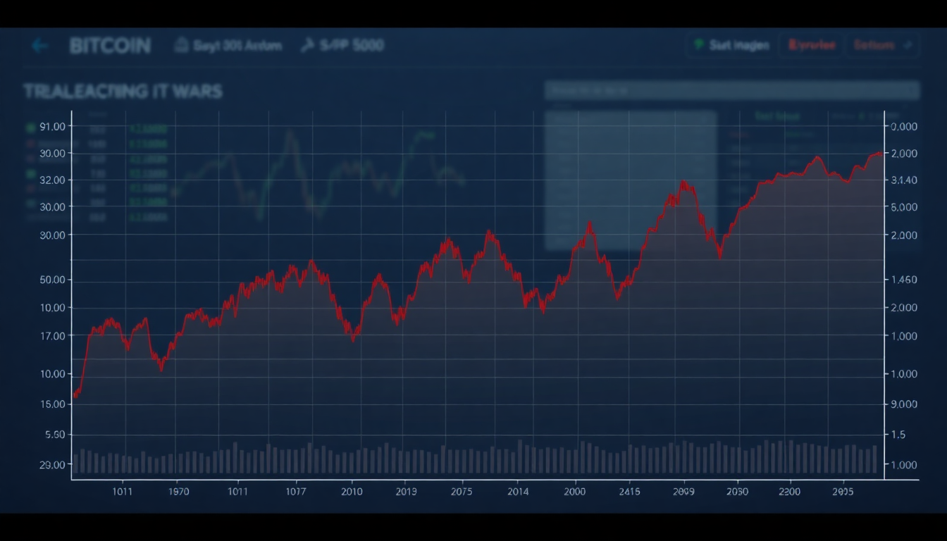 A financial chart showing two lines representing Bitcoin and S&P 500, showing pe