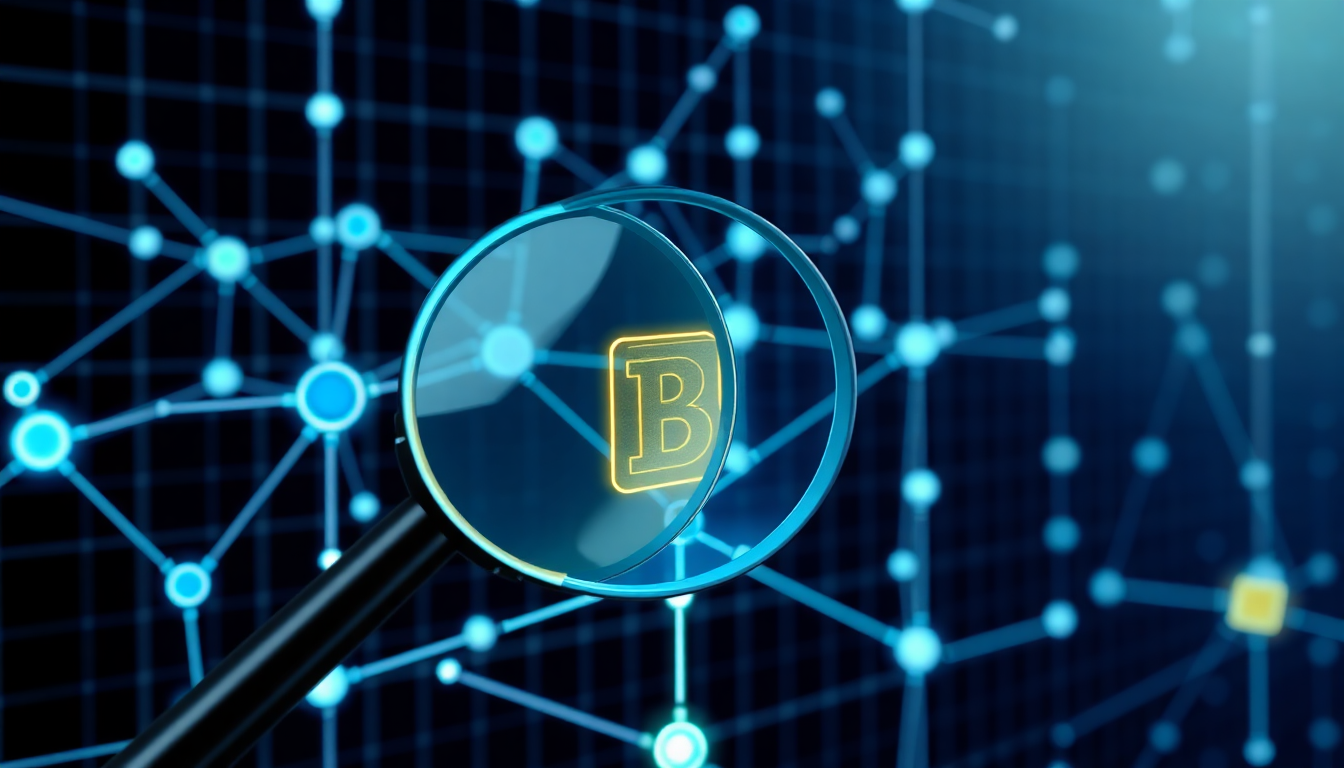 Digital representation of blockchain nodes connected by glowing lines, with a ma