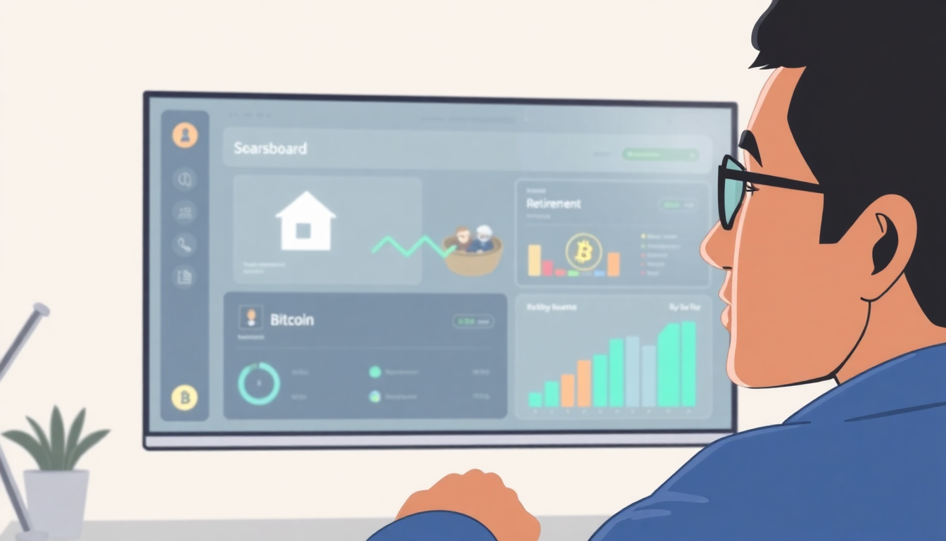 A person looking at a digital dashboard with financial goals like a house, retir
