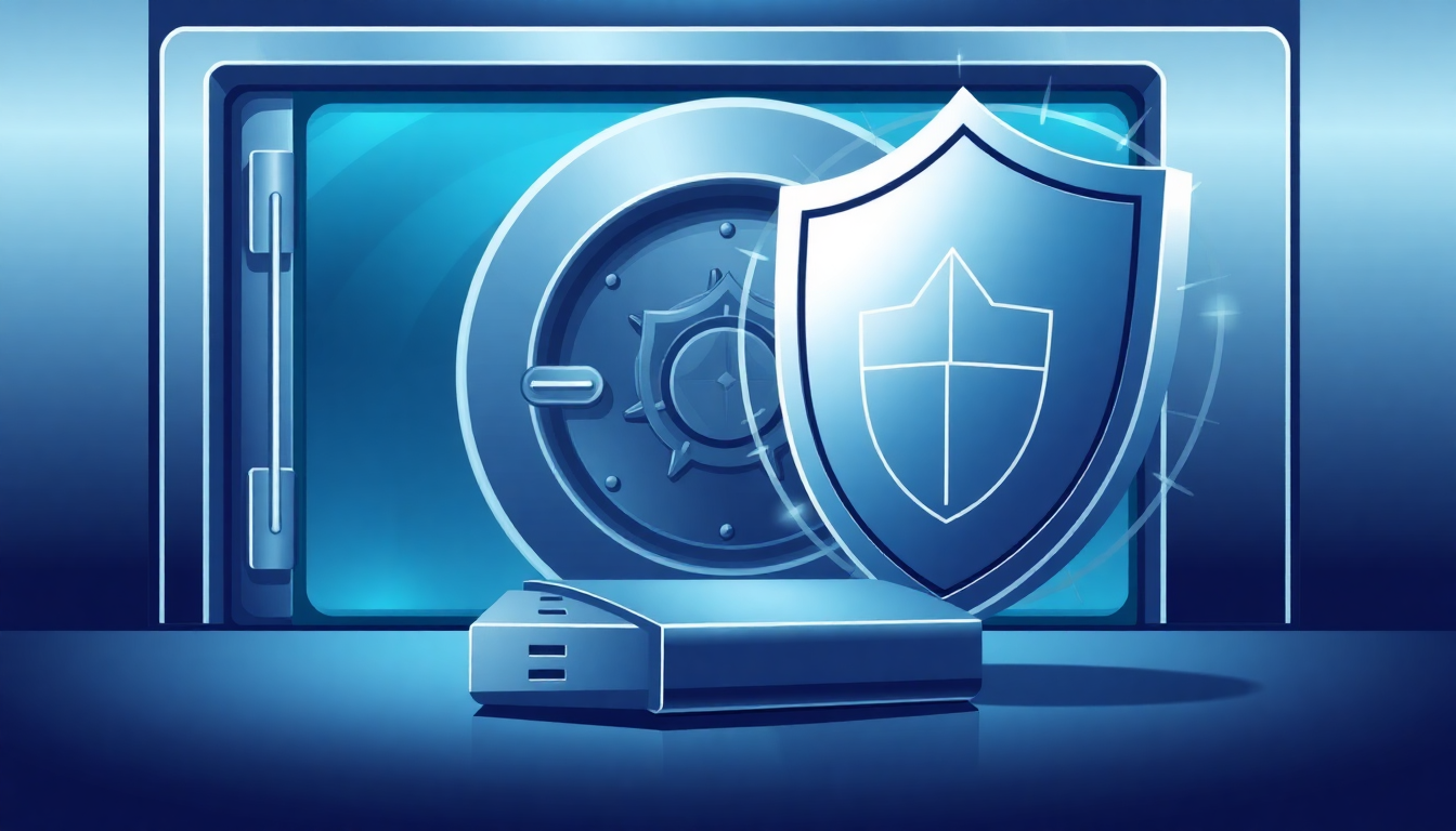 A secure digital vault with a physical hardware wallet (USB style) and a shield 