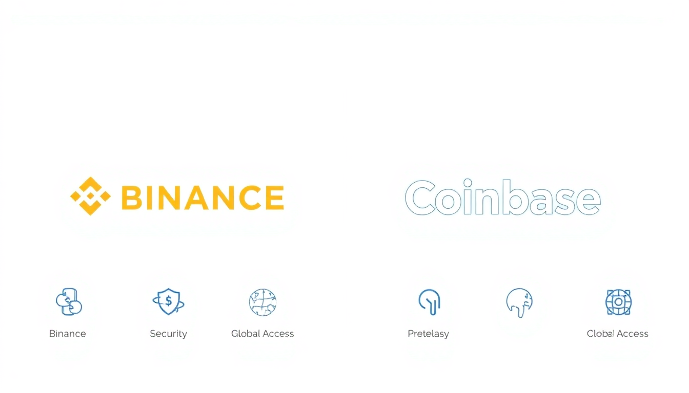 A professional comparison table showing Binance and Coinbase logos with icons fo
