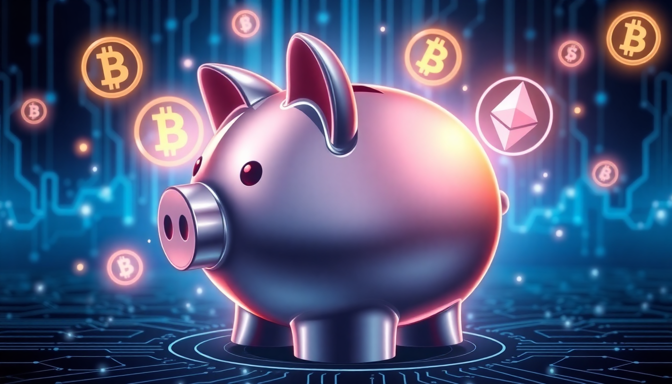 A visual representation of a digital piggy bank with cryptocurrency symbols like