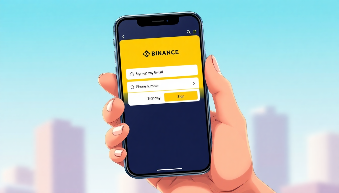 A smartphone displaying the Binance registration screen with options to sign up 