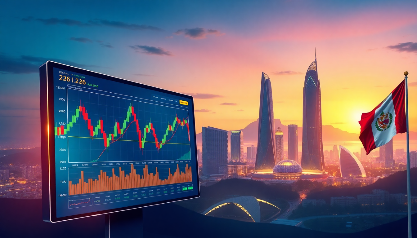 A modern digital interface showing cryptocurrency trading charts with the Peruvi