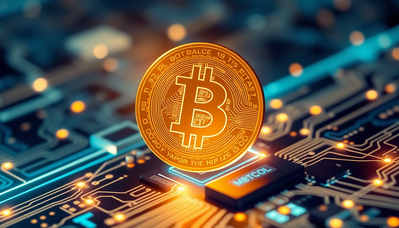 A glowing digital gold coin with the Bitcoin symbol floating above a futuristic 
