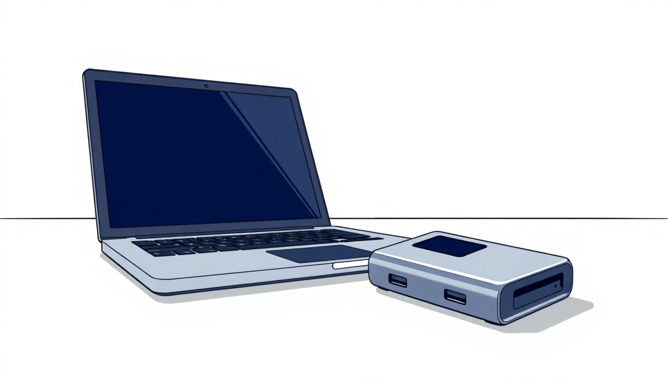 A physical hardware wallet (like a USB stick) next to a laptop, representing sec
