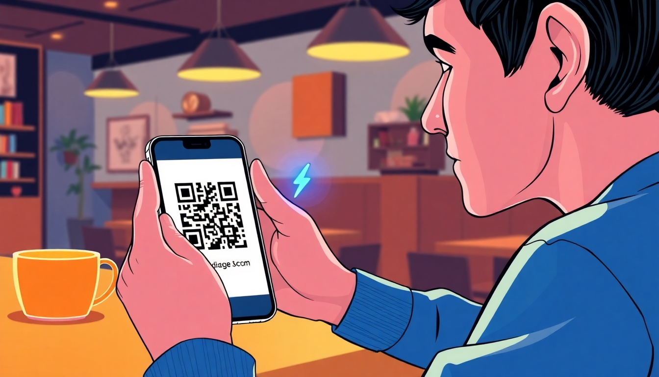 A person scanning a QR code with a smartphone to pay for a coffee in a modern ca