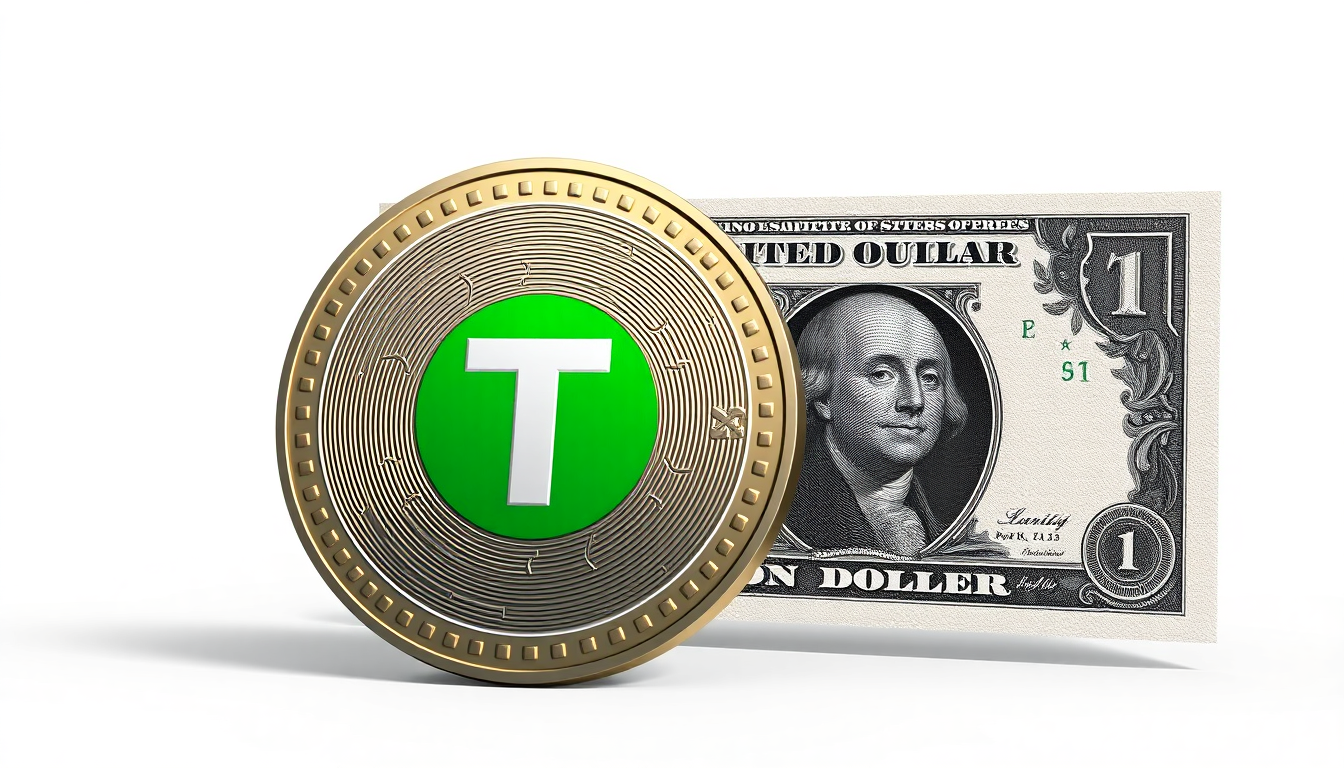 A digital coin with the Tether logo (a white 'T' inside a green circle) standing