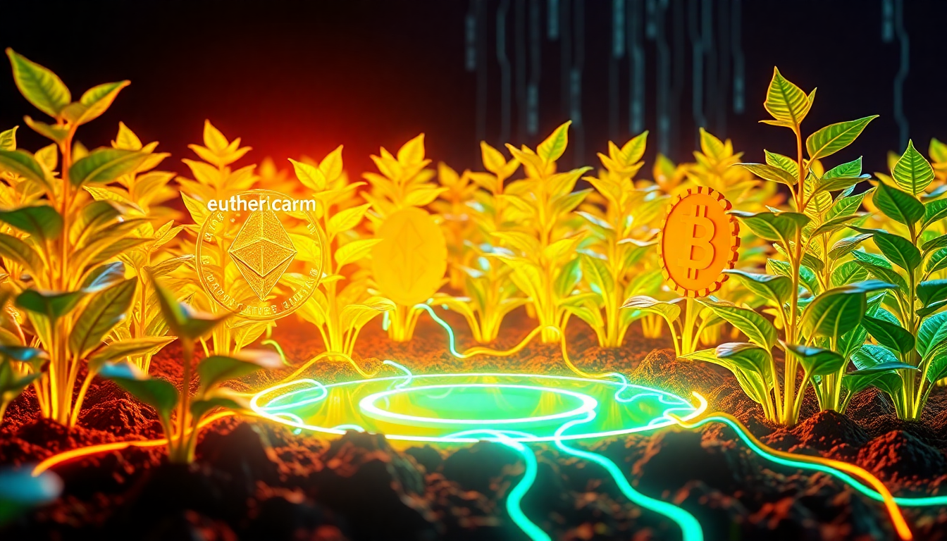 A conceptual 3D illustration of a digital farm where glowing cryptocurrency icon