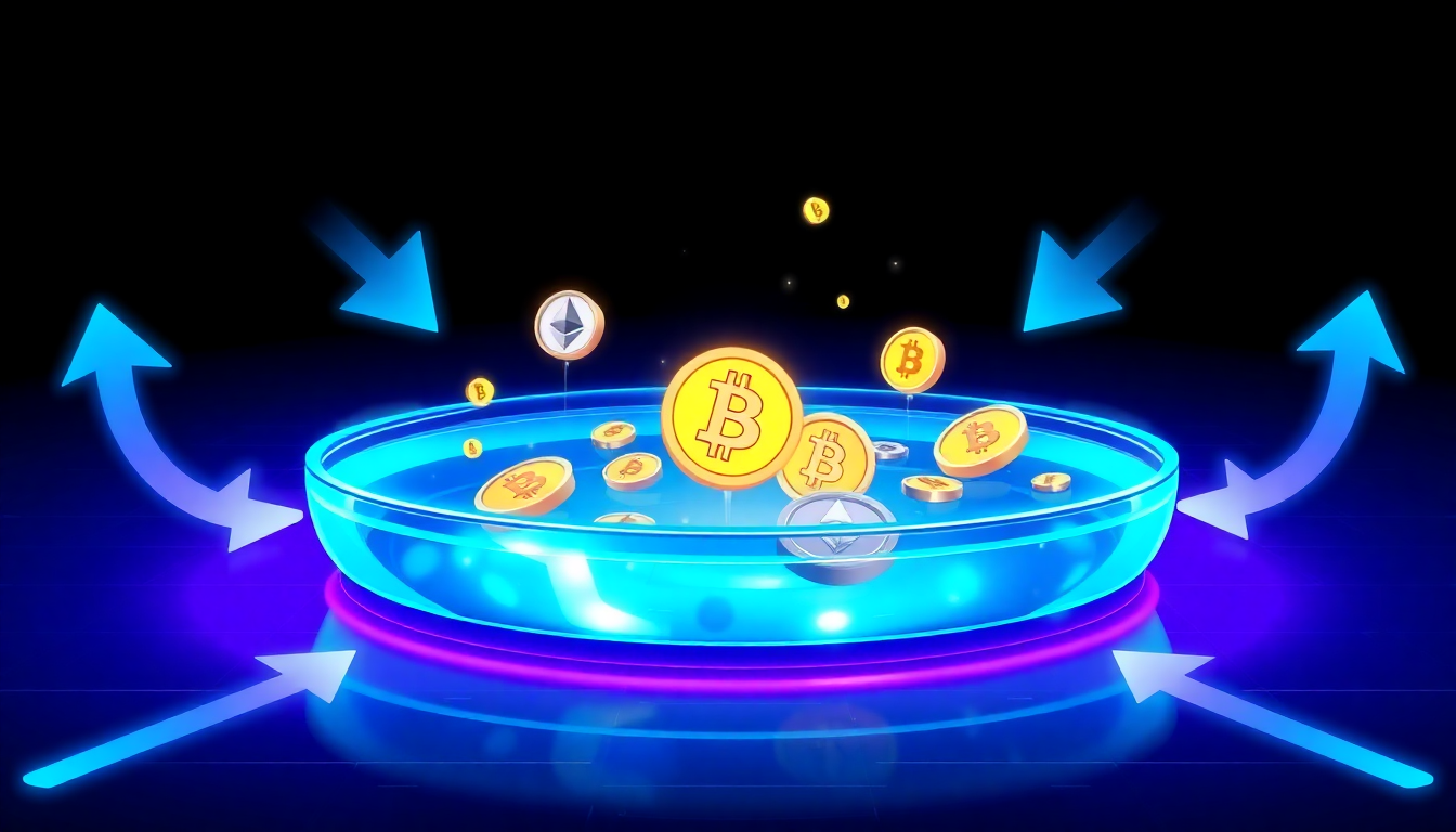 A digital representation of a glowing pool filled with different cryptocurrency