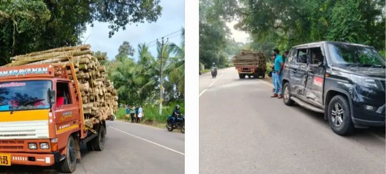 തടി കയറ്റിയ ലോറി കാറിലിടിച്ച് അപകടം