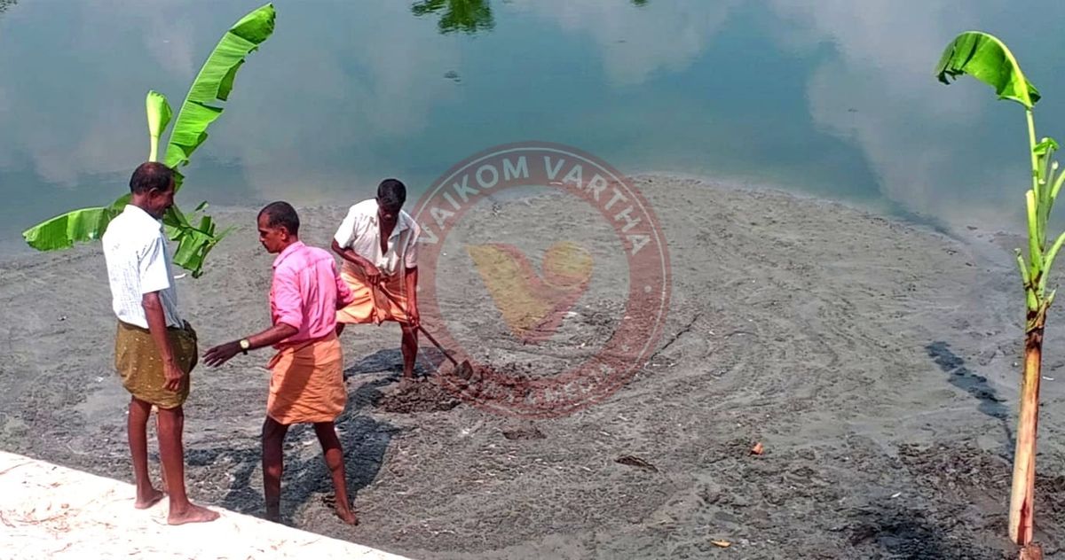 ആറാട്ടുകുളം ശുചീകരിച്ചതിൽ അപാകതയെന്ന് ആരോപണം: കുളത്തിൽ വാഴ നട്ട് നാട്ടുകാർ