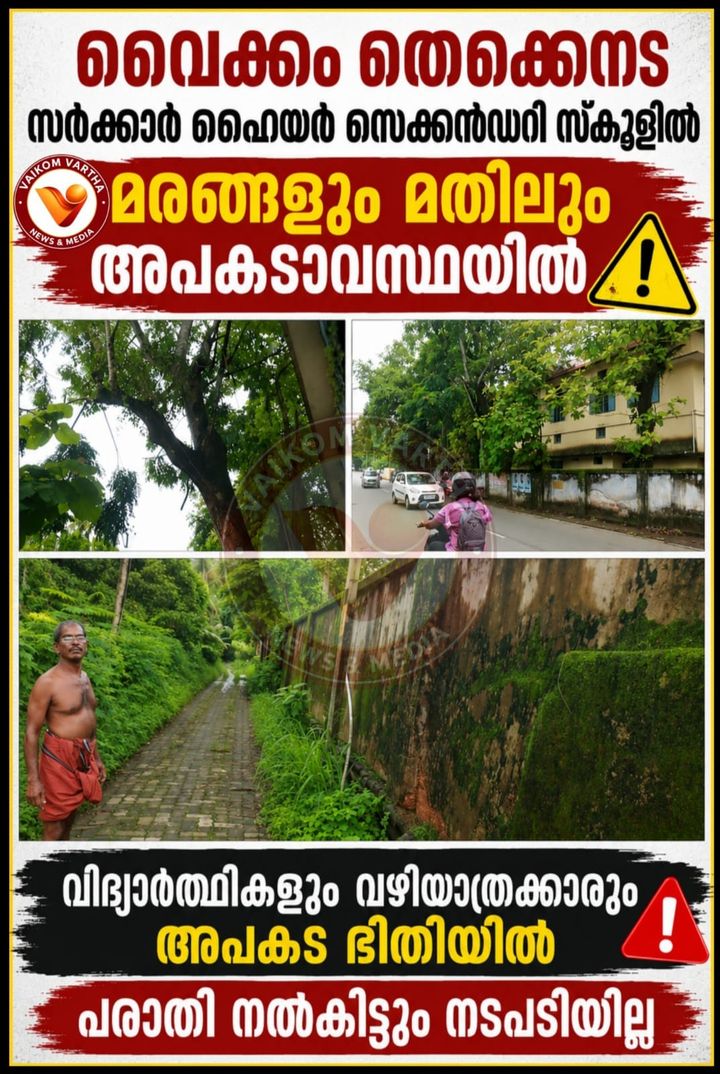 ദുരന്തം കാത്തു നിൽക്കാതെ നടപടി വേണം; വൈക്കം തെക്കേനട സർക്കാർ സ്കൂളിൽ മരങ്ങളും മതിലും അപകടാവസ്ഥയിൽ