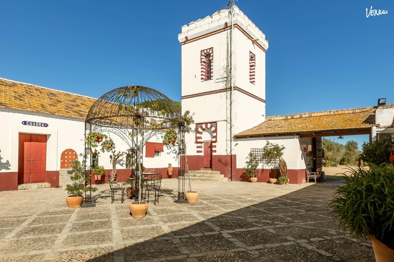 Patio de Hacienda San Felipe en Sevilla, jardín andaluz tradicional perfecto para eventos con encanto y sabor local.