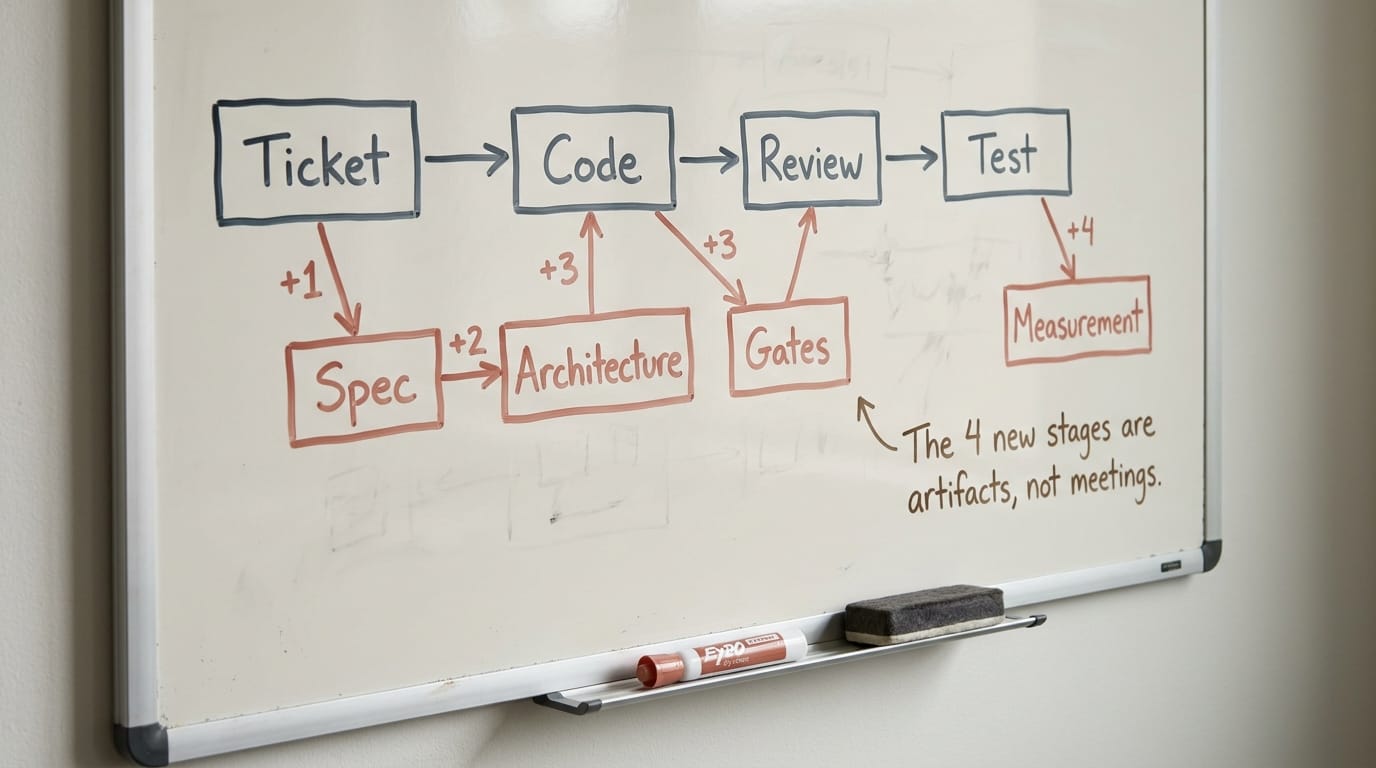 A single-line user-story ticket reading 'As a user I want to filter by status' beside a structured intent spec with GOAL, SUCCESS CRITERIA, ACCEPTANCE EVIDENCE, OUT-OF-SCOPE, and FAILURE MODES.