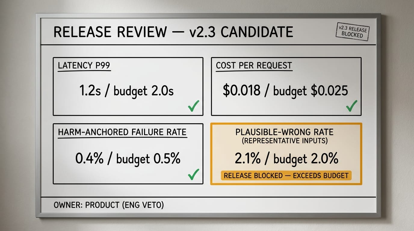 Whiteboard release-review v2.3: latency p99, cost-per-request, harm-anchored failure rate pass; plausible-wrong rate is RELEASE BLOCKED - EXCEEDS BUDGET.