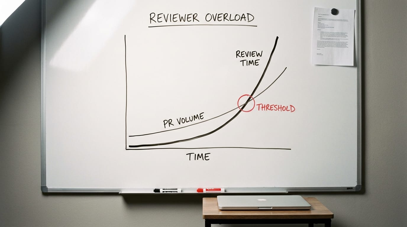 Whiteboard chart titled "Reviewer Overload" showing a Review Time curve steepening past a rising PR Volume line, with the crossing point marked "Threshold".