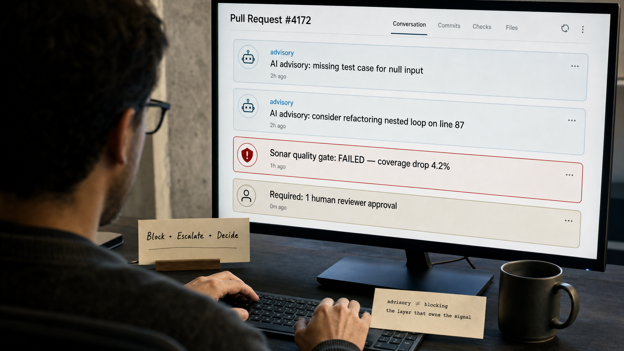 An engineer reviewing Pull Request #4172, showing two AI advisory comments, a red Sonar quality gate failure reading 'coverage drop 4.2%', a human-approval requirement card, and notes reading 'Block, Escalate, Decide'.