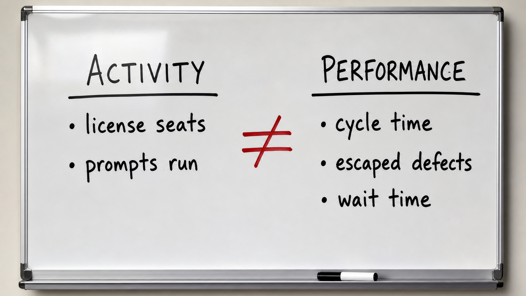 A whiteboard with an ACTIVITY column (license seats, prompts run) and a PERFORMANCE column (cycle time, escaped defects, wait time), a red not-equals mark between them.