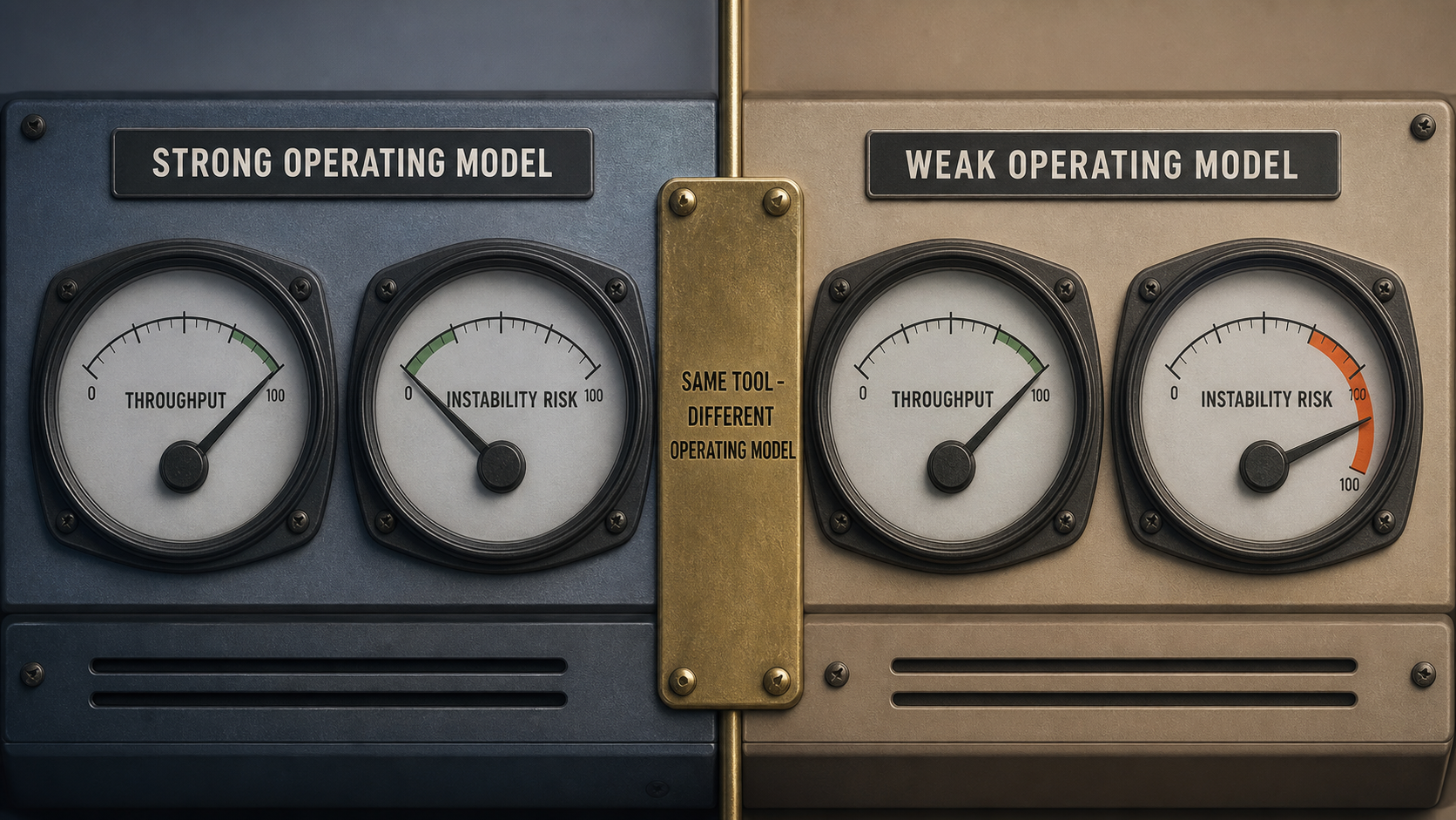Diptych of paired throughput and instability-risk gauges, the same instrument under two operating models: on the strong side the instability-risk needle sits left in the green safe zone for low risk, while on the weak side it has swept right into the orange danger band for high risk