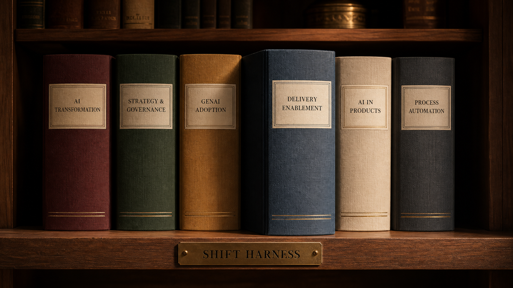 Labeled bound volumes on a walnut bookshelf, one per pillar, from AI transformation and governance to delivery enablement and process automation.