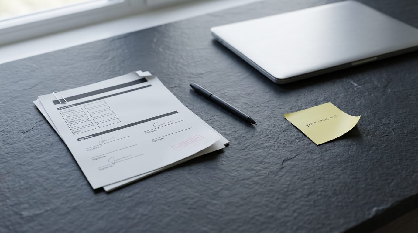Two access paths compared: a paper-clipped multi-page IT access-request form with signature lines on the left, a single small Post-it note on the right