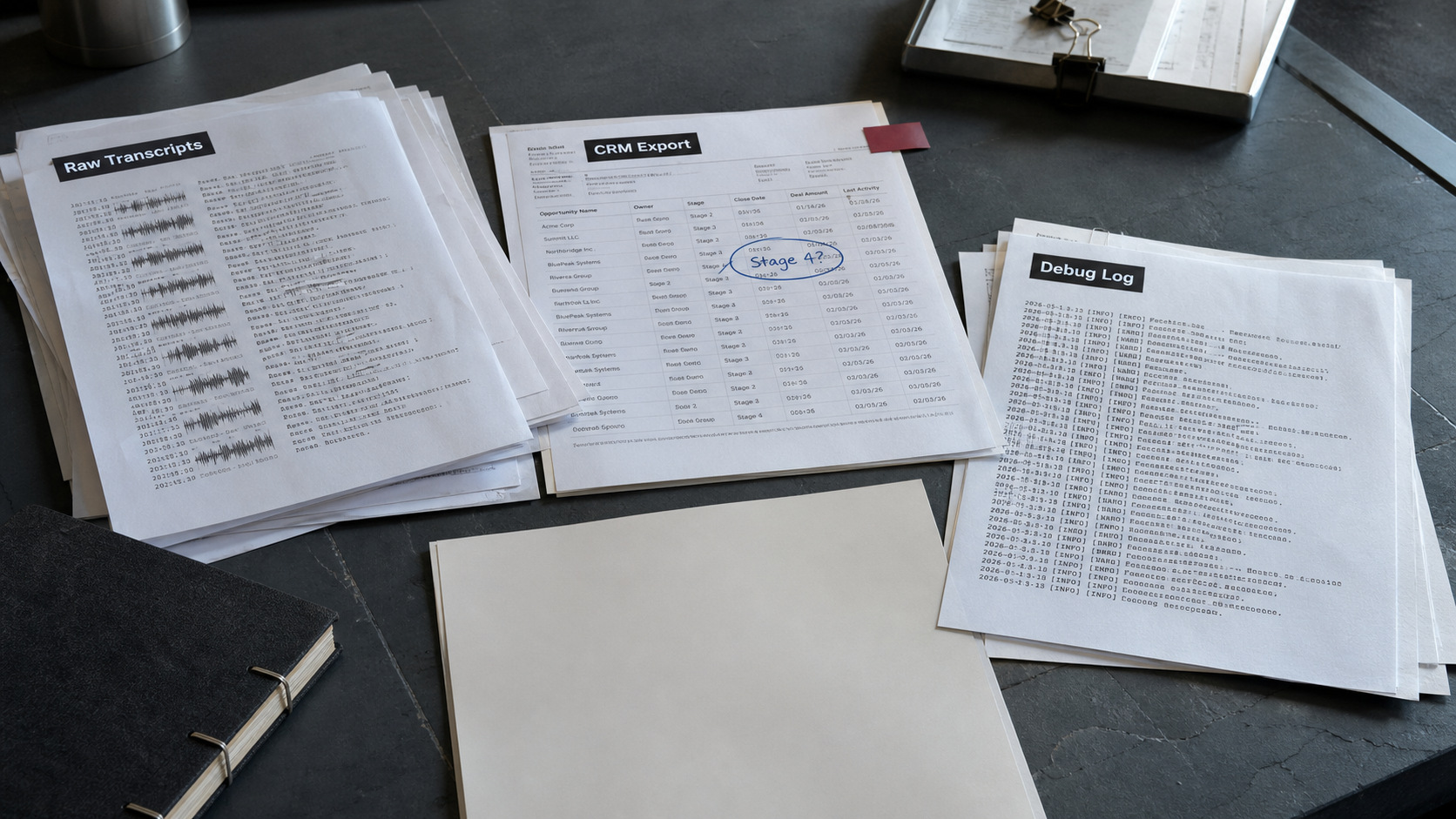 The fragmented, un-owned record before ownership: scattered Raw Transcripts, a CRM Export with a contradictory Stage 4? circled, and a Debug Log, with one blank slot where the owned record should be