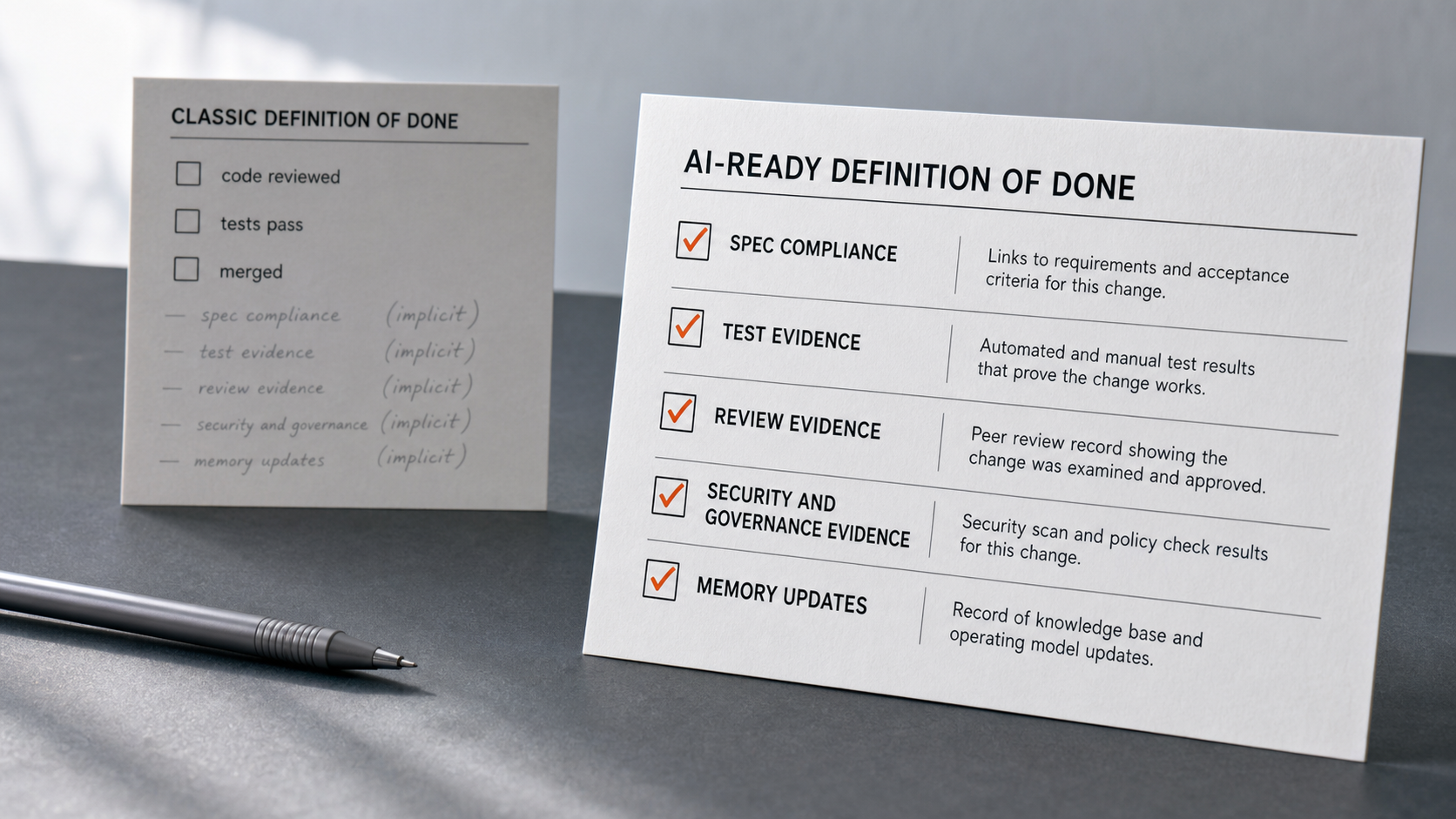 Two acceptance documents side by side: a short classical Definition of Done with three checkbox lines next to the longer AI-ready version where the five evidence clauses are now written out explicitly