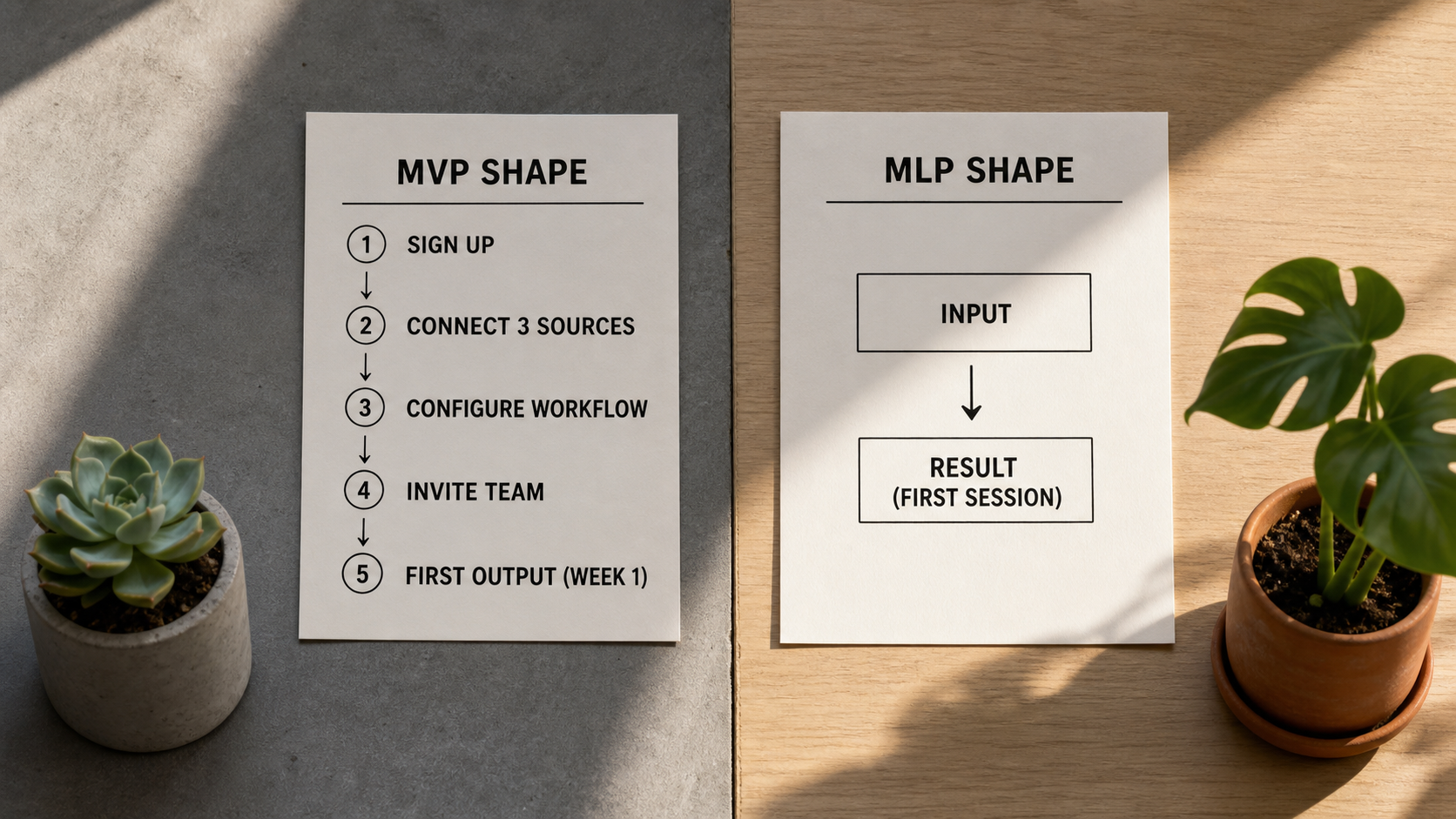 A two-column comparison sheet contrasting the MVP shape (a five-step setup sequence ending in week-one output) against the MLP shape (a single input-to-result step reached in the first session).