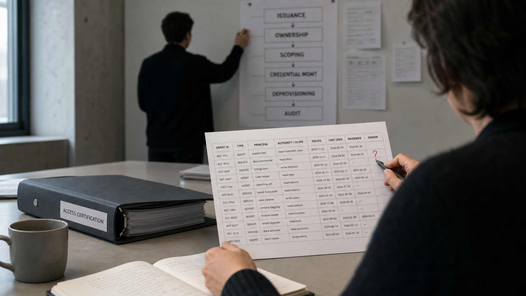 A platform and IAM lead annotating an access-certification sheet whose owner column is blank, beside a wall checklist of the six identity-lifecycle stages.