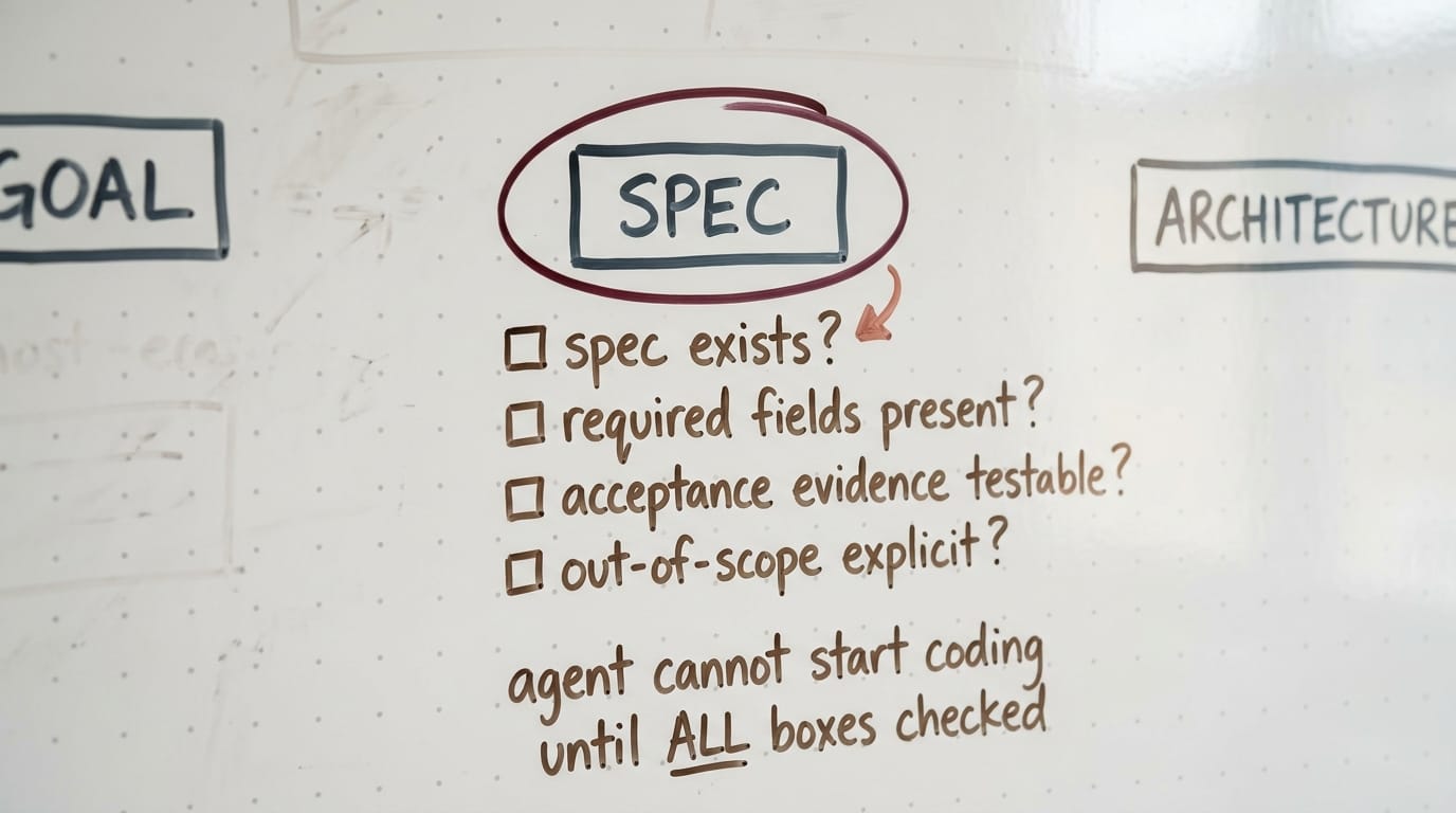 Three stacked documents: a SPEC with Requirements, Acceptance Evidence and Out-of-Scope headings, a Phase Gate check report reading Checks Run 7, Status Passed, and a Ready for Implementation ticket.